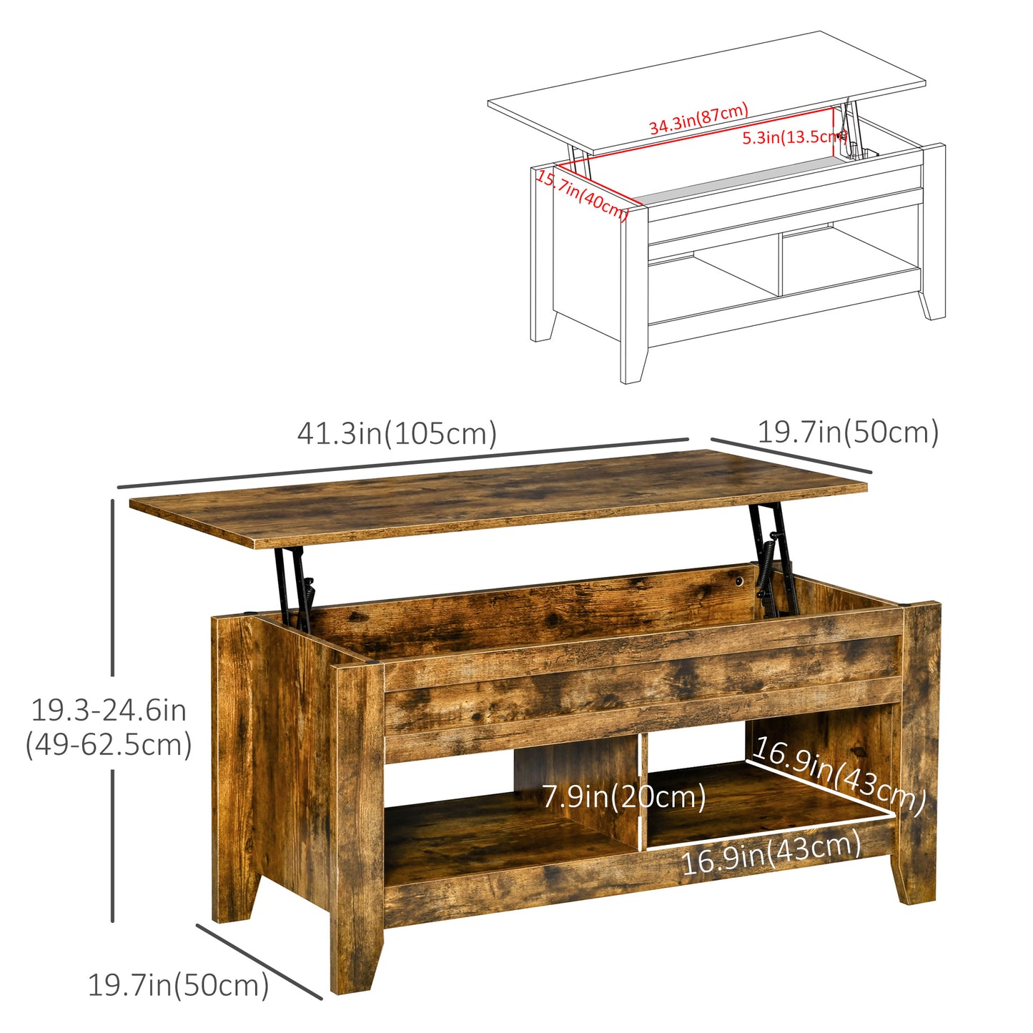 Table à café avec plateau relevable et rangement caché