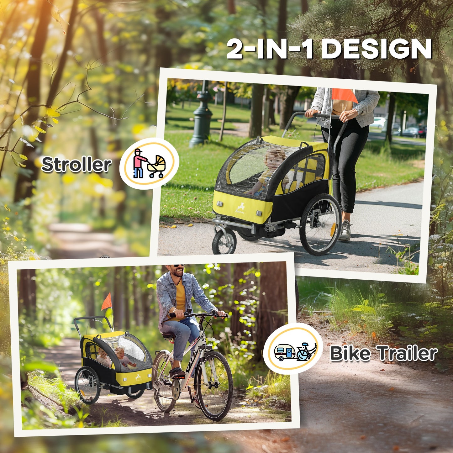 Remorque vélo enfants 2-en-1 avec poussette pliable