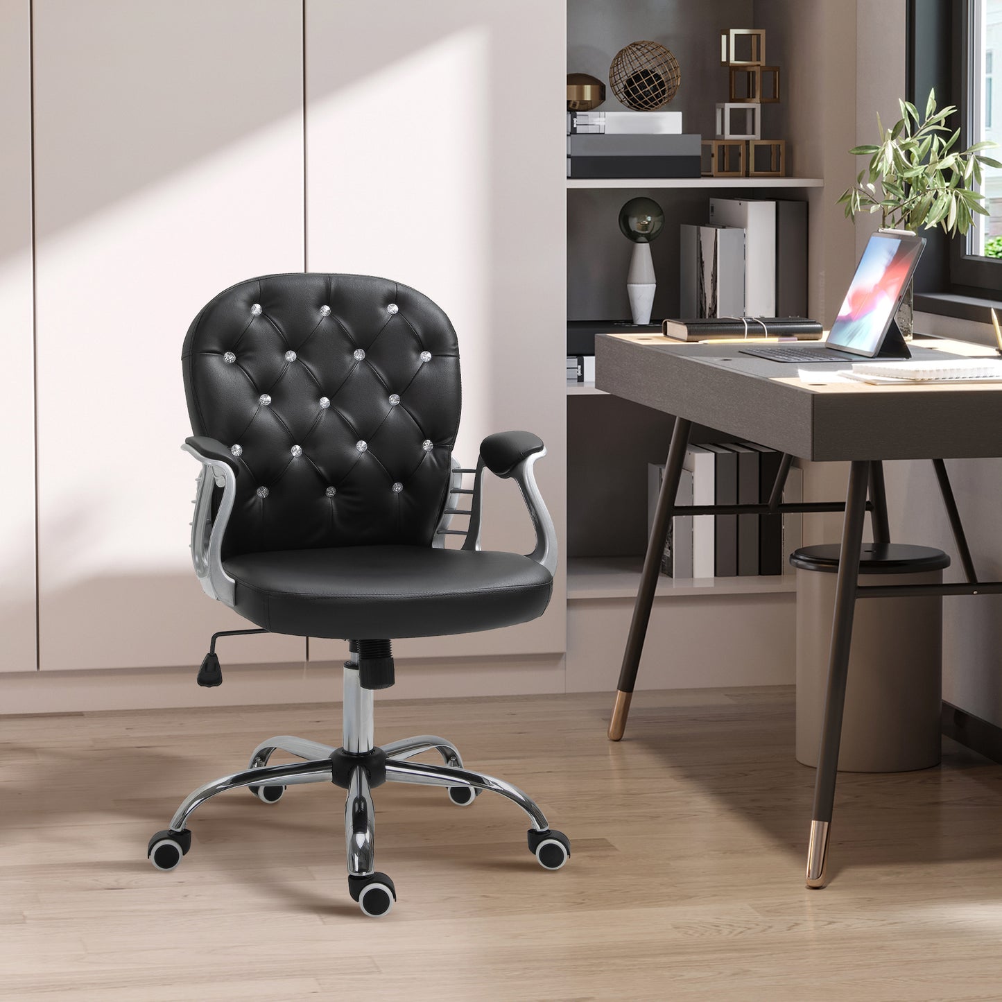 Chaise de bureau capitonnée cuir synthétique cristaux décoratifs