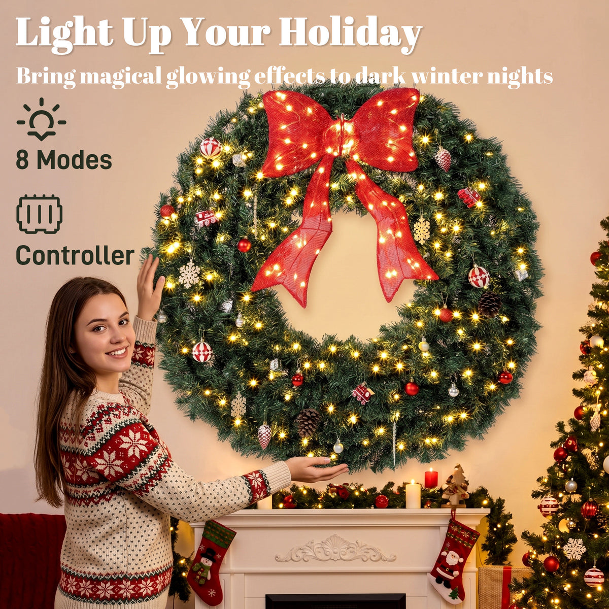 Couronne de Noël artificielle lumineuse de 122 cm