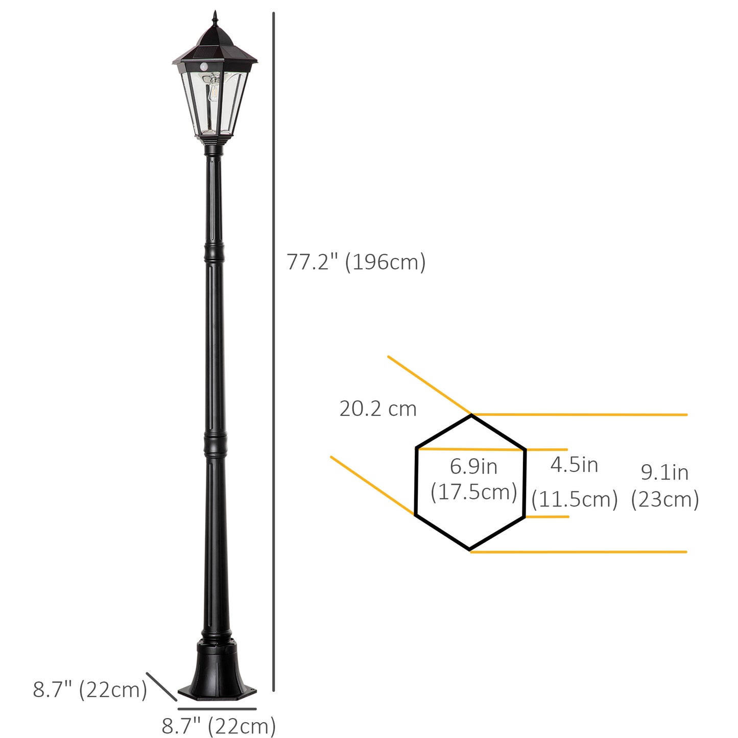 Lampadaire Solaire Outsunny 196cm Détecteur Mouvement Extérieur Noir