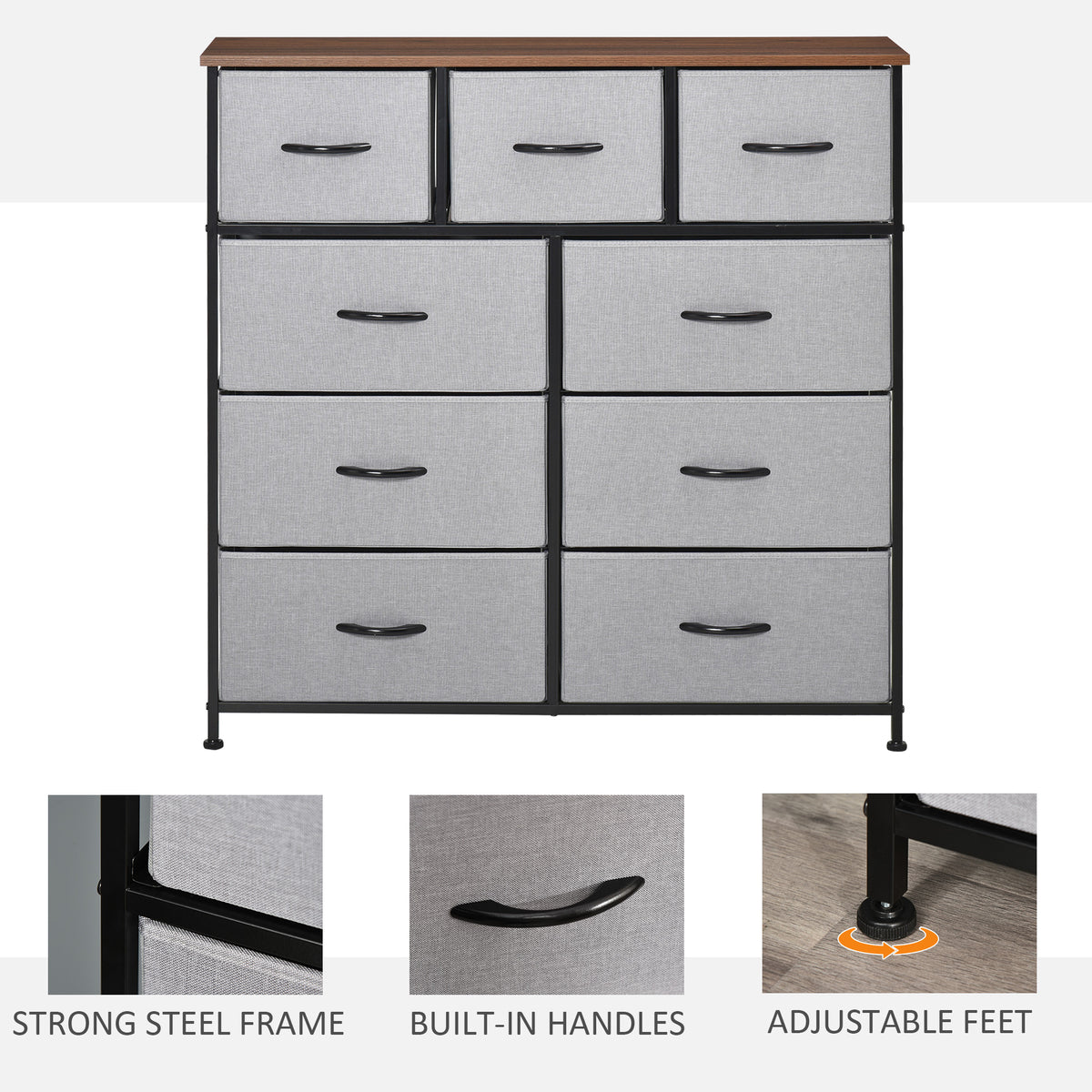 Commode de chambre à 9 tiroirs avec cadre en acier