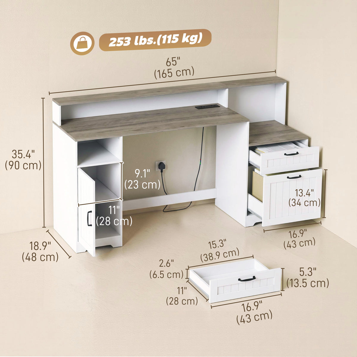 Bureau d'ordinateur de style champêtre avec prises de courant