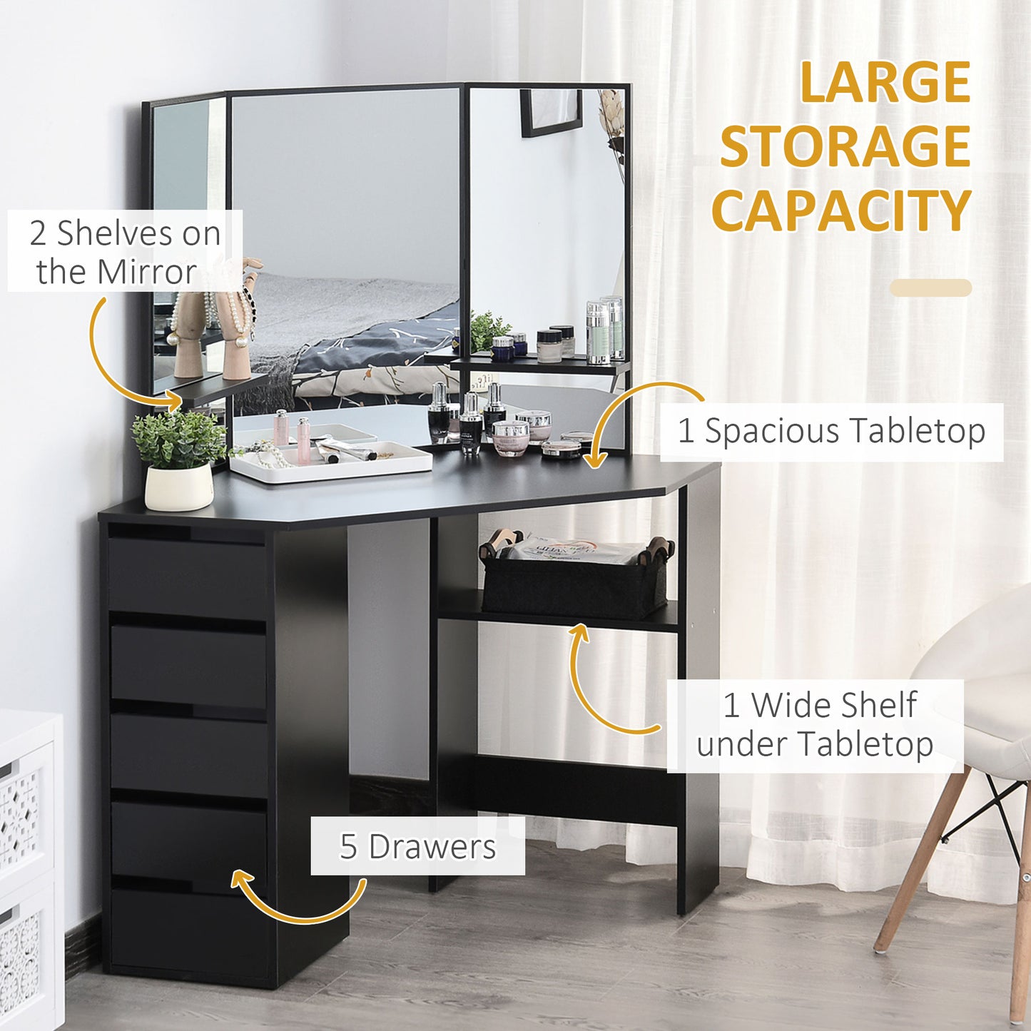 Table de maquillage d'angle miroir triptyque avec tiroirs