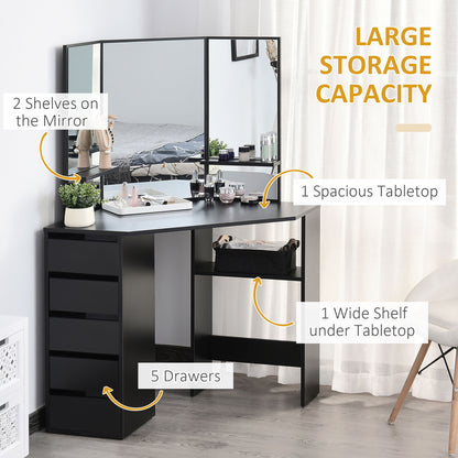 Table de maquillage d'angle miroir triptyque avec tiroirs