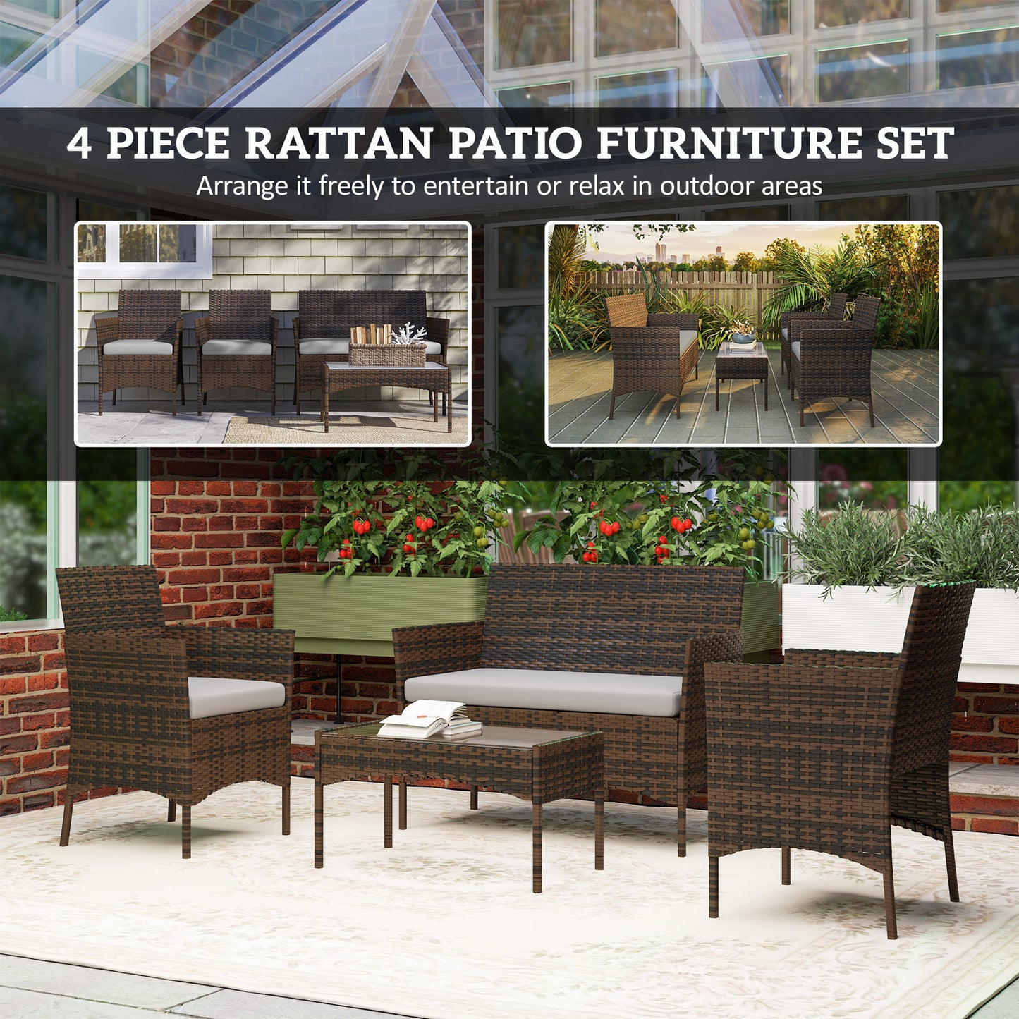 Outsunny 4-Piece Rattan Patio Set with Loveseat and Table Beige