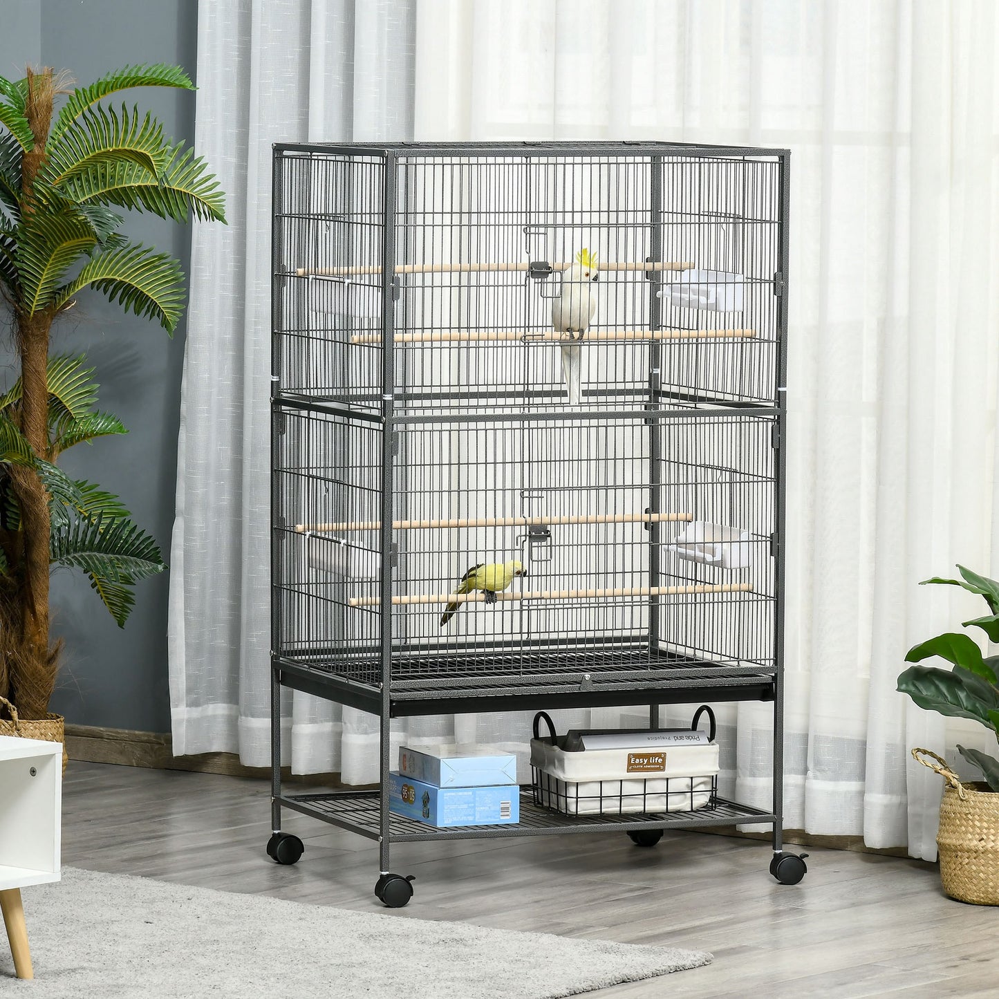 Grande cage à oiseaux en acier avec roulettes et perchoirs
