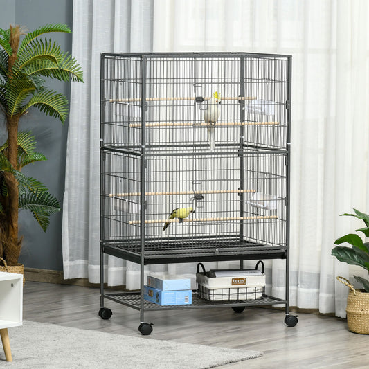 Grande cage à oiseaux en acier avec roulettes et perchoirs