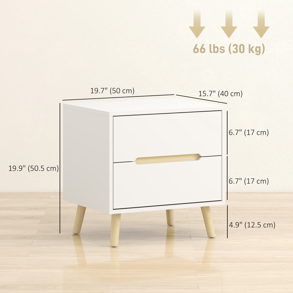 Table de chevet moderne à deux tiroirs avec pieds