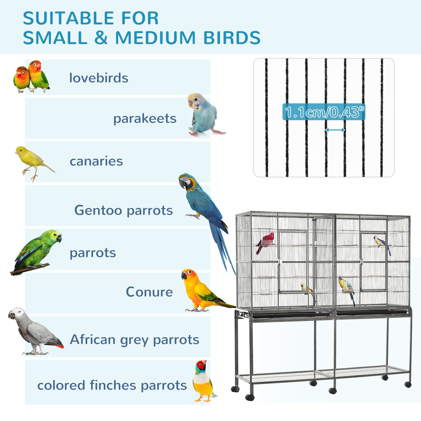 Grande cage à oiseaux sur roulettes avec perchoirs