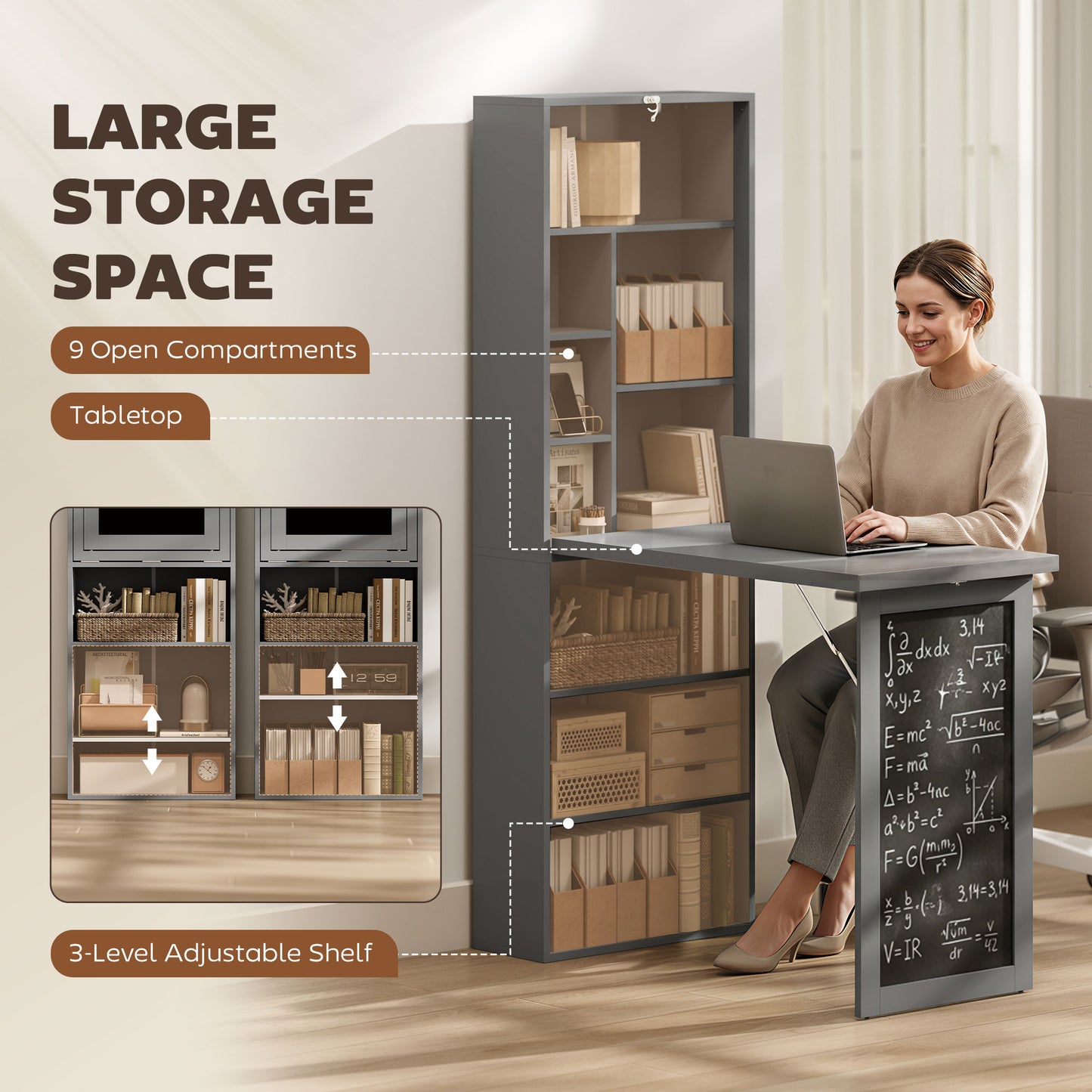 Bureau mural rabattable avec tableau noir et étagère