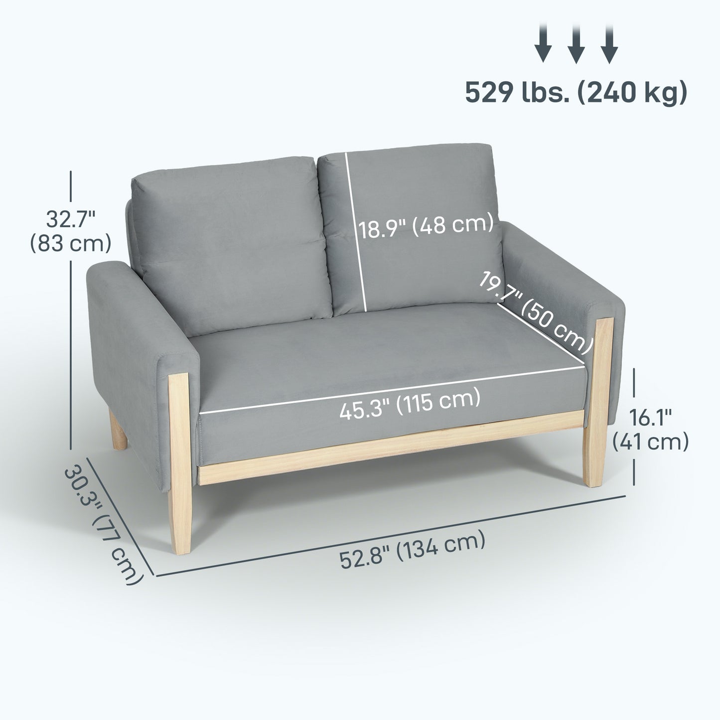 Causeuse 2 places velours pattes bois blanchi 134 cm