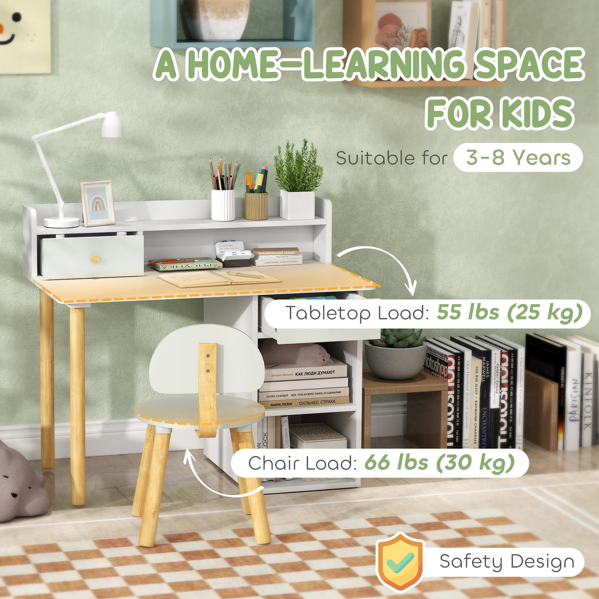Bureau d'étude et chaise pour enfants avec rangement