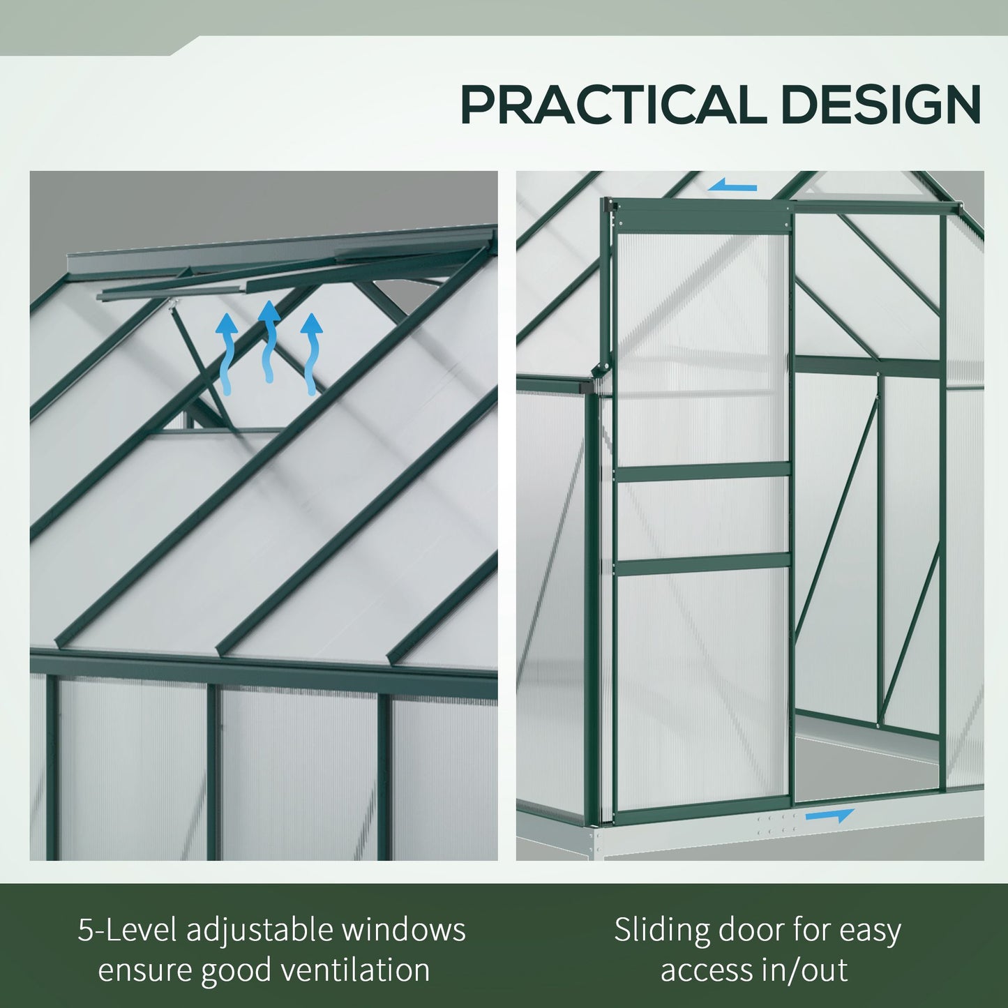  190x375x199cm Charcoal Grey Polycarbonate Greenhouse with Ventilation