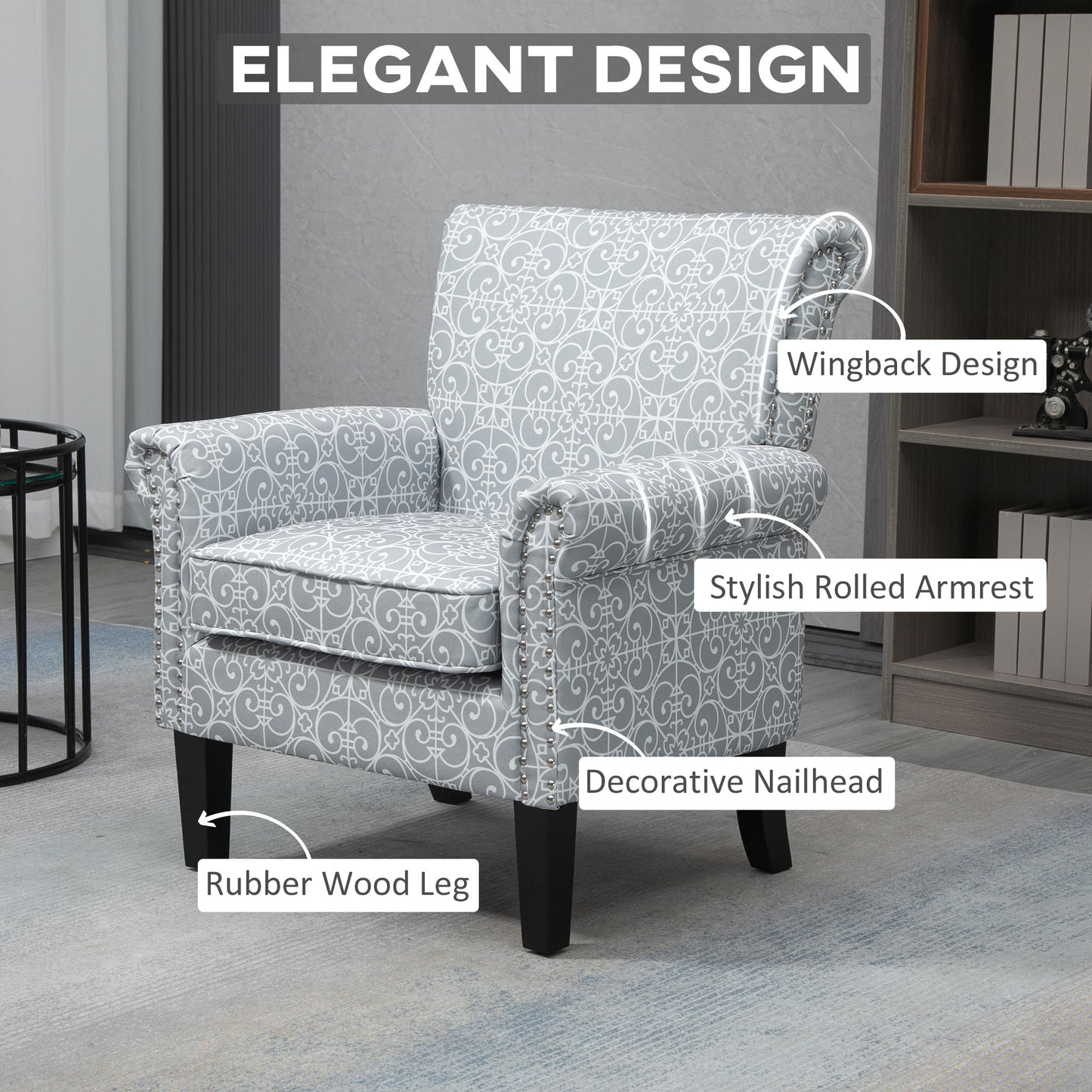 Fauteuil accent tissu lin clouté accoudoirs roulés