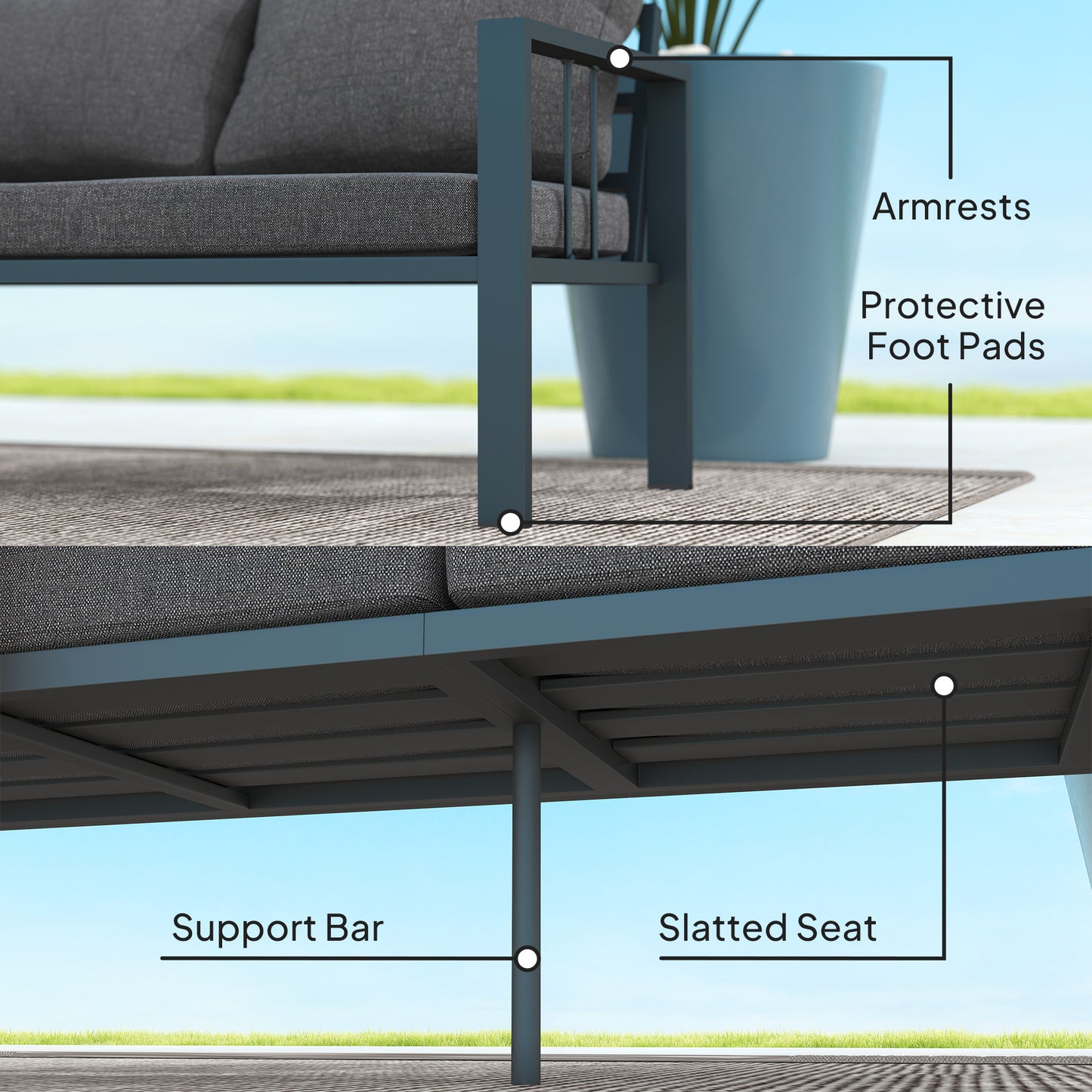 Canapé de patio 3 places aluminium avec coussins — foncé