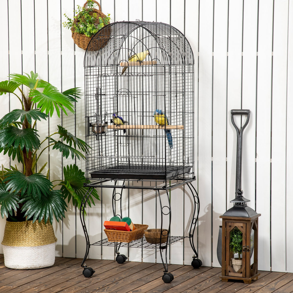 Grande cage à oiseaux sur roulettes avec toit ouvrant
