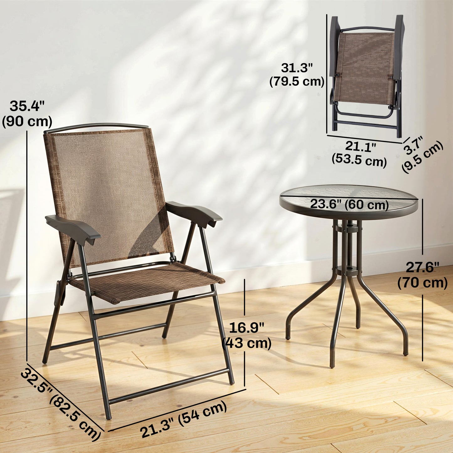 Ensemble bistro pliant 3 pièces avec table en verre