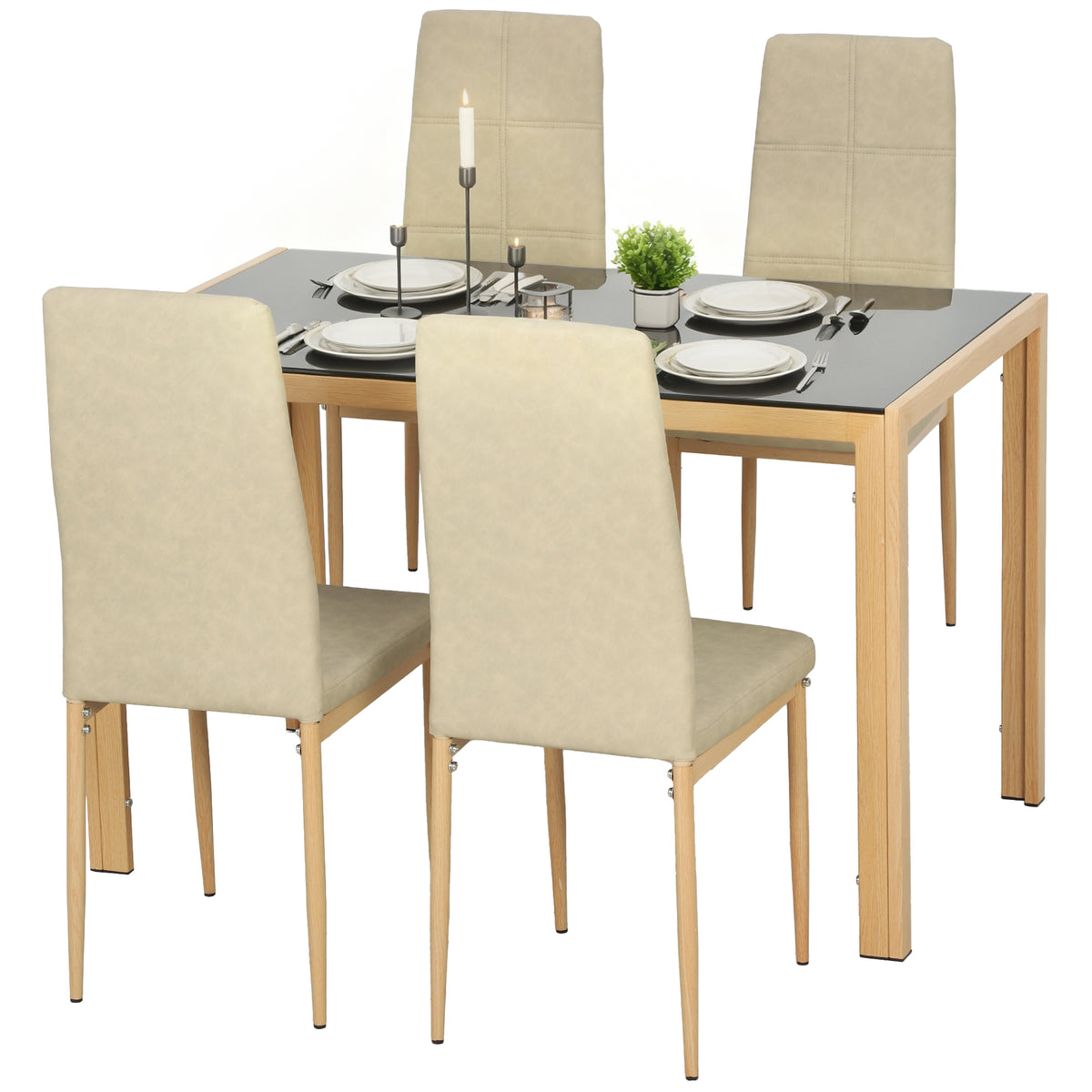 Ensemble salle à manger 3 pièces verre trempé cadre métal — Brun clair
