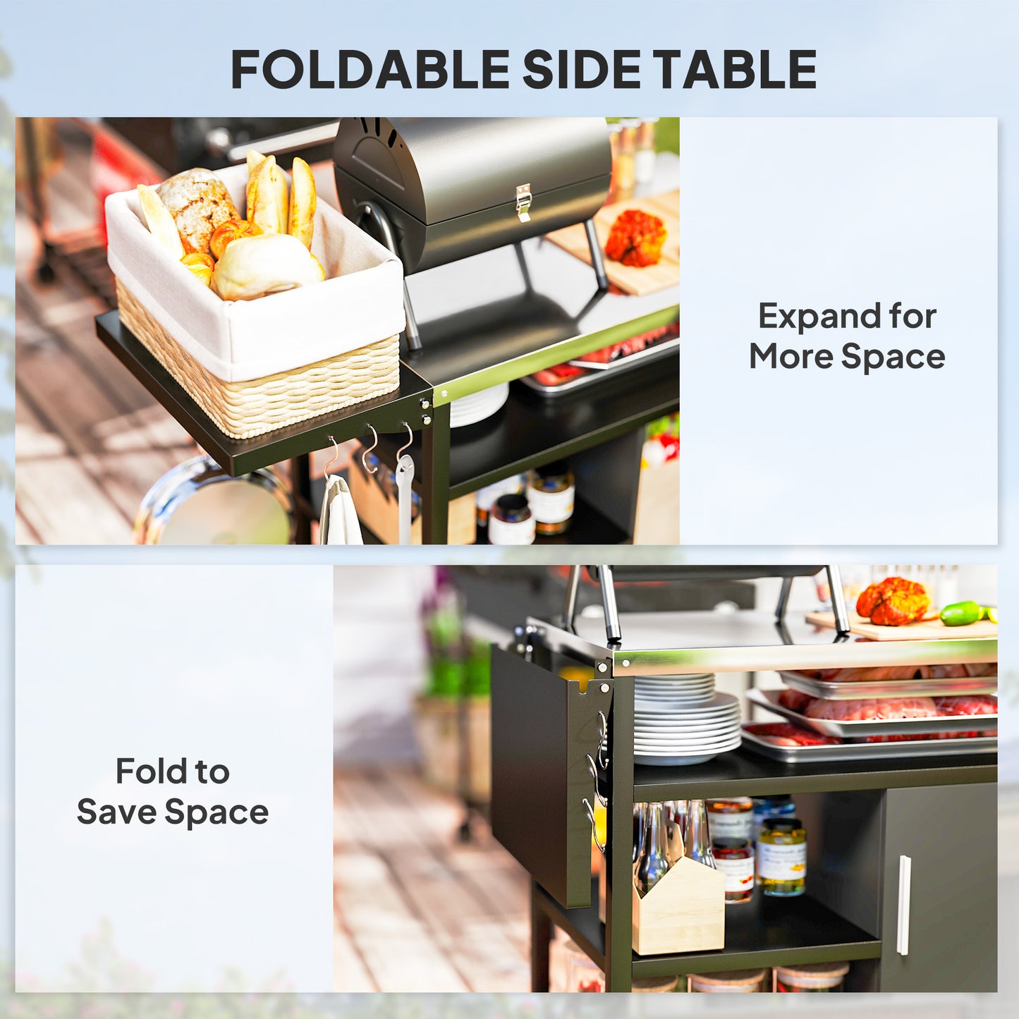 Chariot BBQ pliant acier inoxydable avec tablettes roulettes