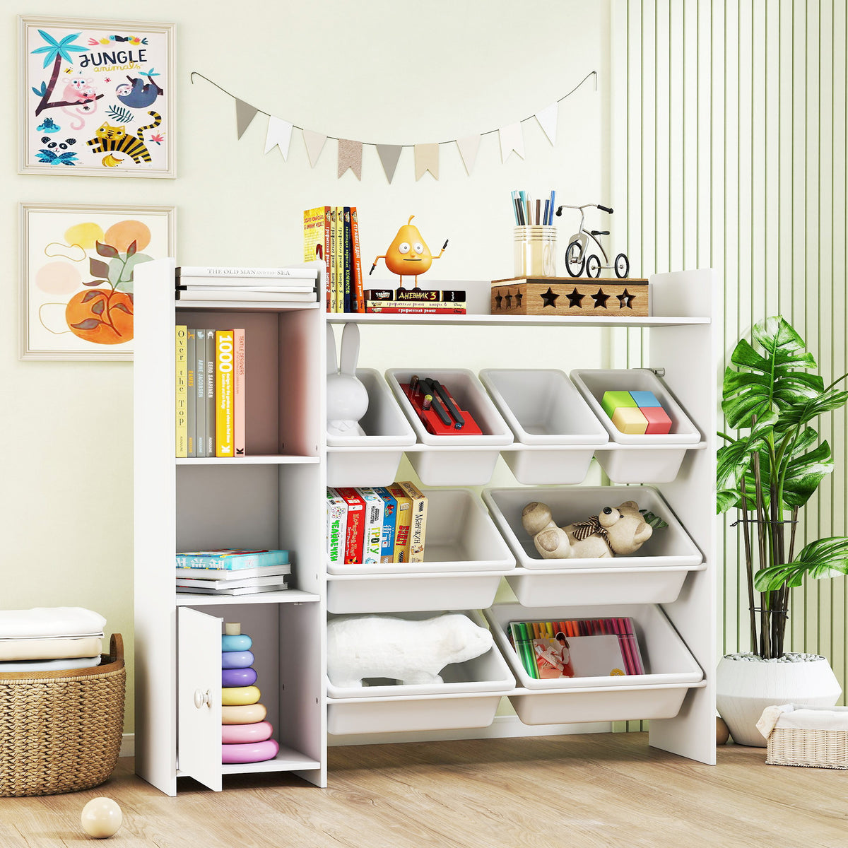 Organisateur de jouets pour enfants avec bacs et bibliothèque