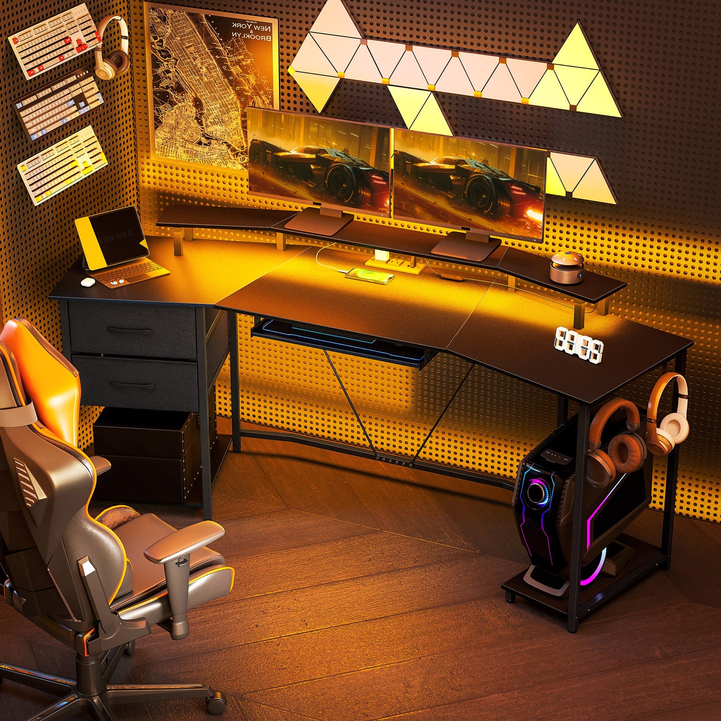 Bureau de jeu incurvé avec RGB, prises et tiroirs