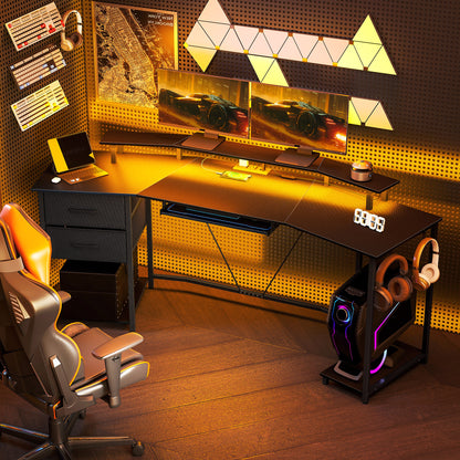 Bureau de jeu incurvé avec RGB, prises et tiroirs