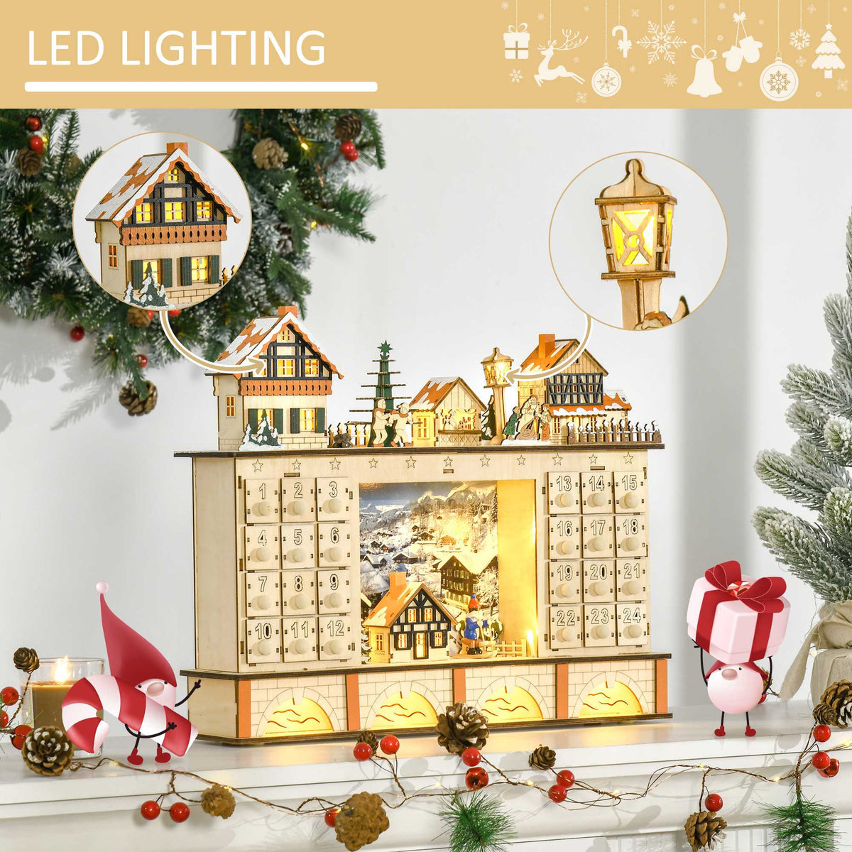 Calendrier de l'Avent Noël lumineux bois 24 jours