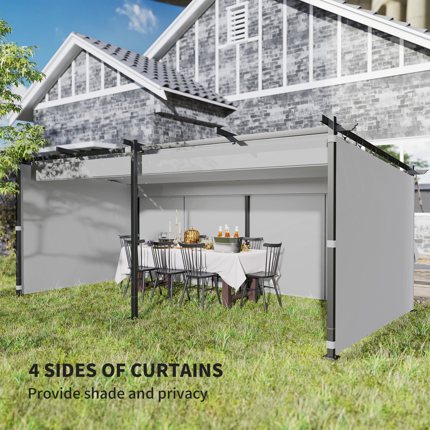 Pergola rétractable en métal avec rideaux latéraux