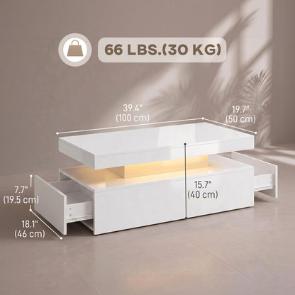 Table basse LED 2 tiroirs haute brillance