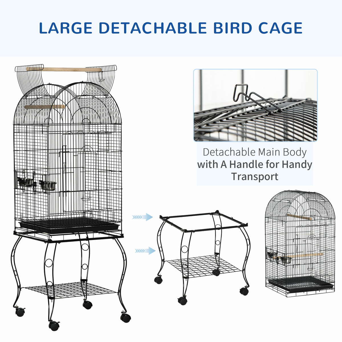 Grande cage à oiseaux sur roulettes avec toit ouvrant