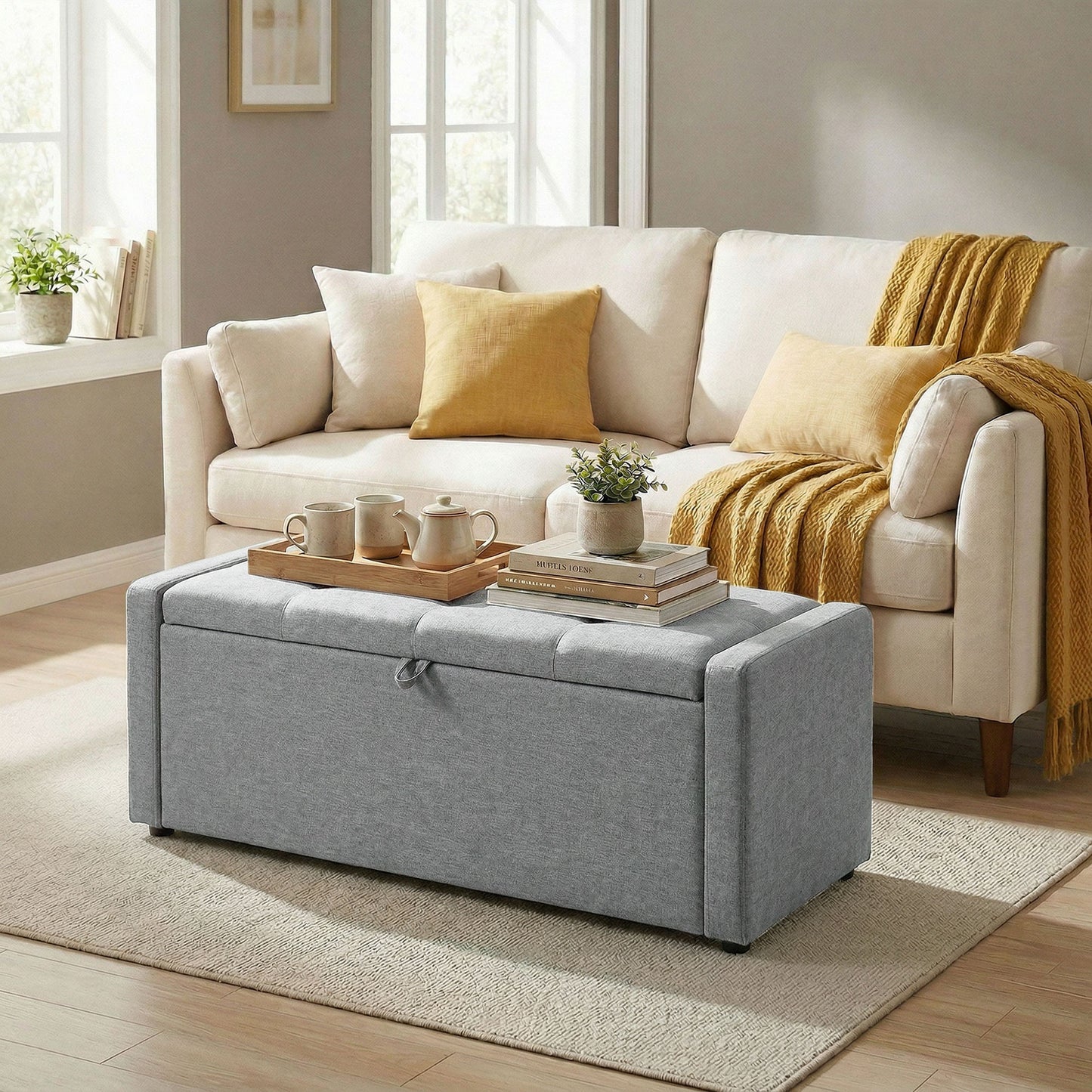 Banc coffre rembourré tissu lin grand format