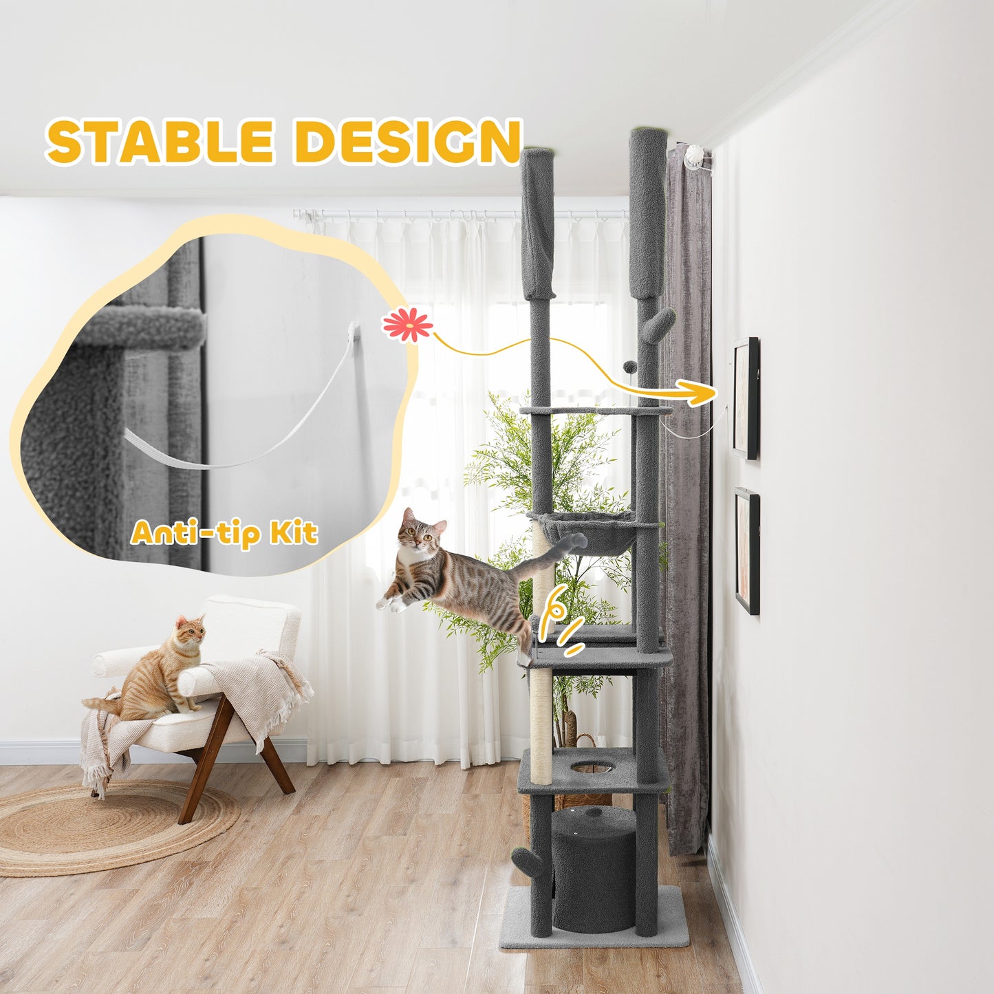 Arbre à chat plafond-sol ajustable 225-255cm avec hamacs