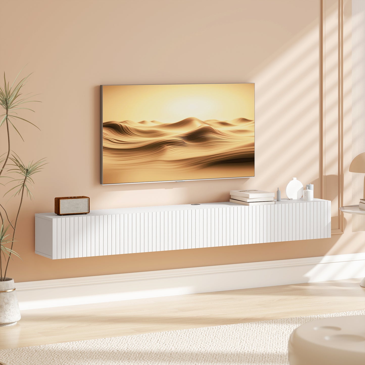 Meuble TV mural flottant avec portes cannelées 180 cm
