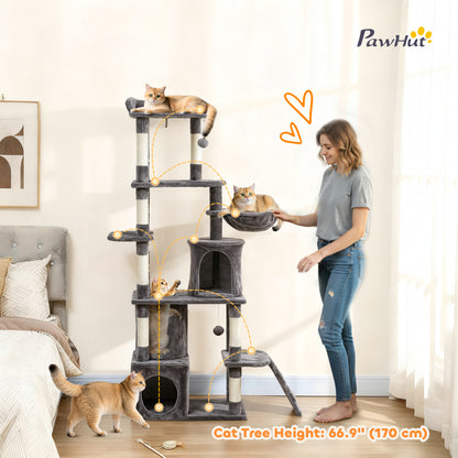 Arbre à chats 67 po multi-niveaux avec 7 griffoirs — gris foncé