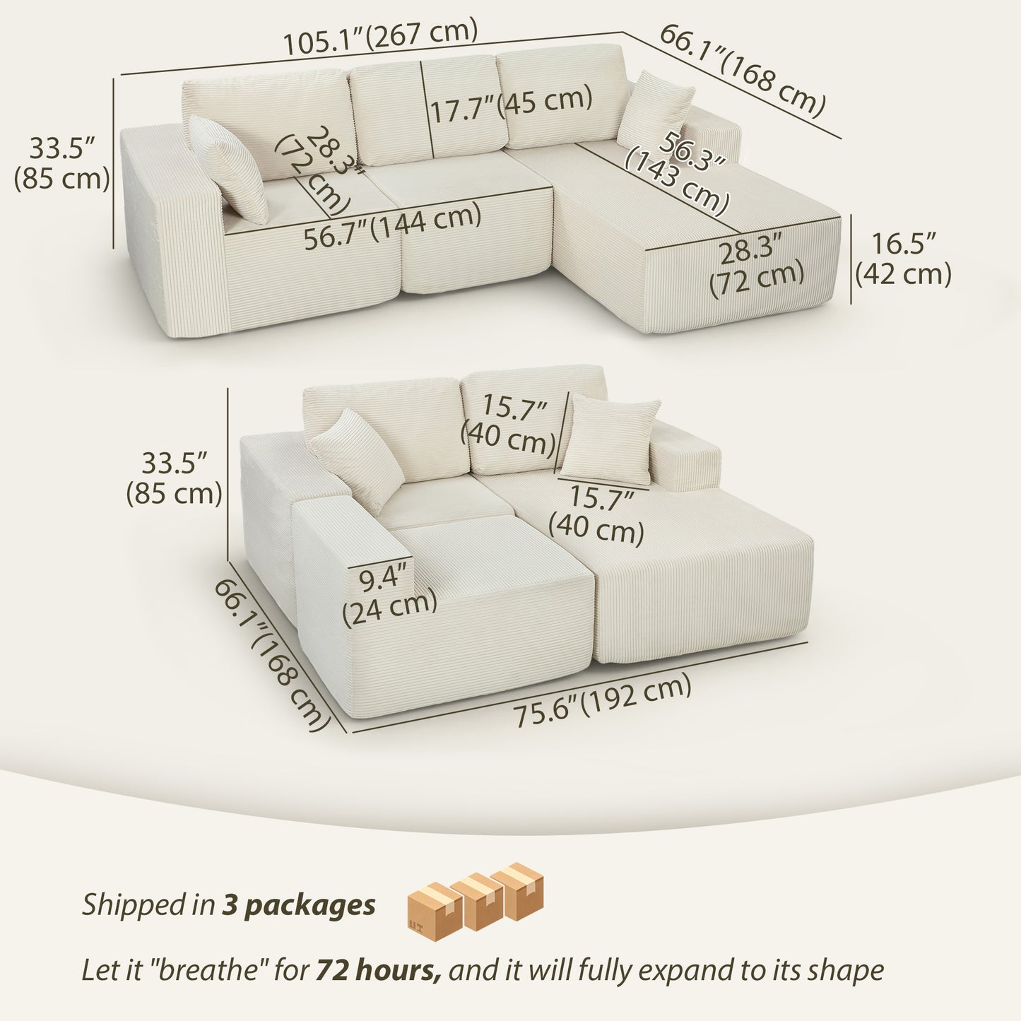 Sofa sectionnel modulaire 2-en-1 forme L en velours côtelé