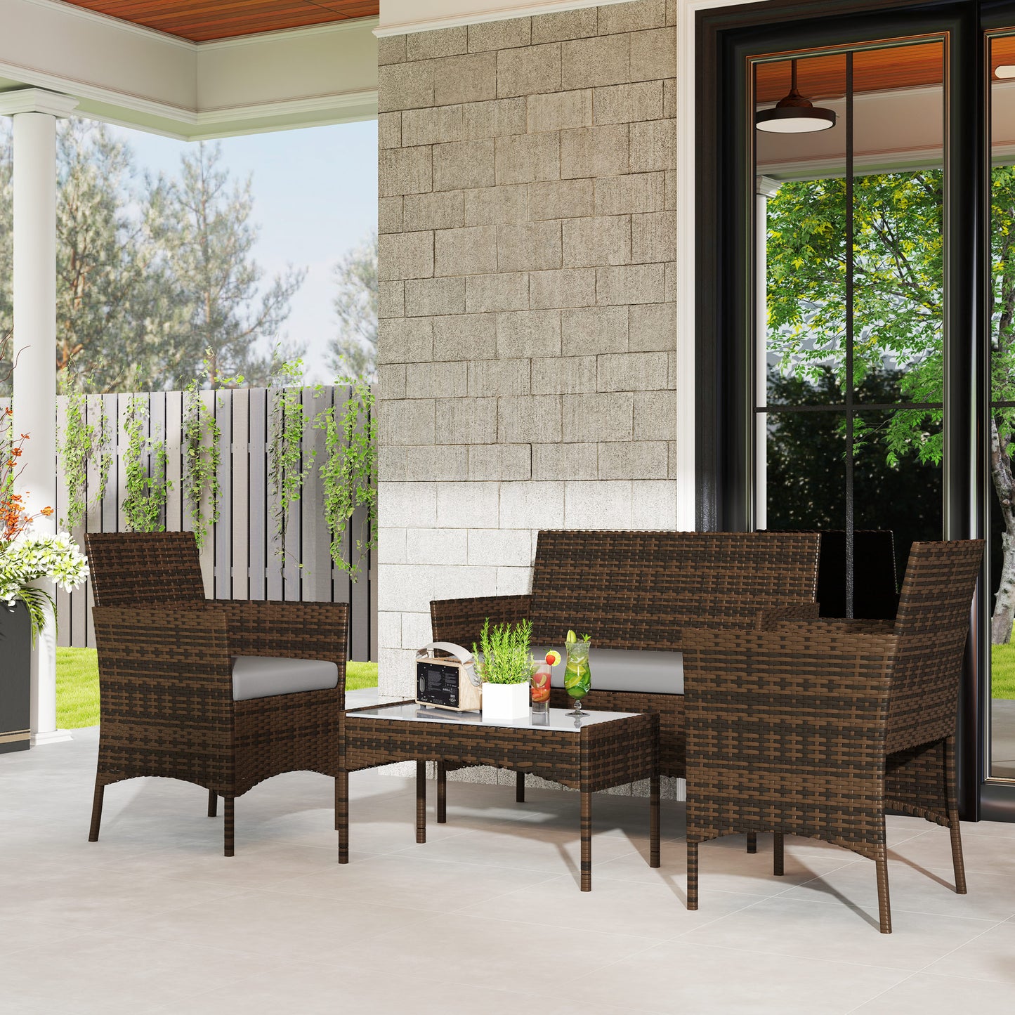 Outsunny 4-Piece Rattan Patio Set with Loveseat and Table Beige