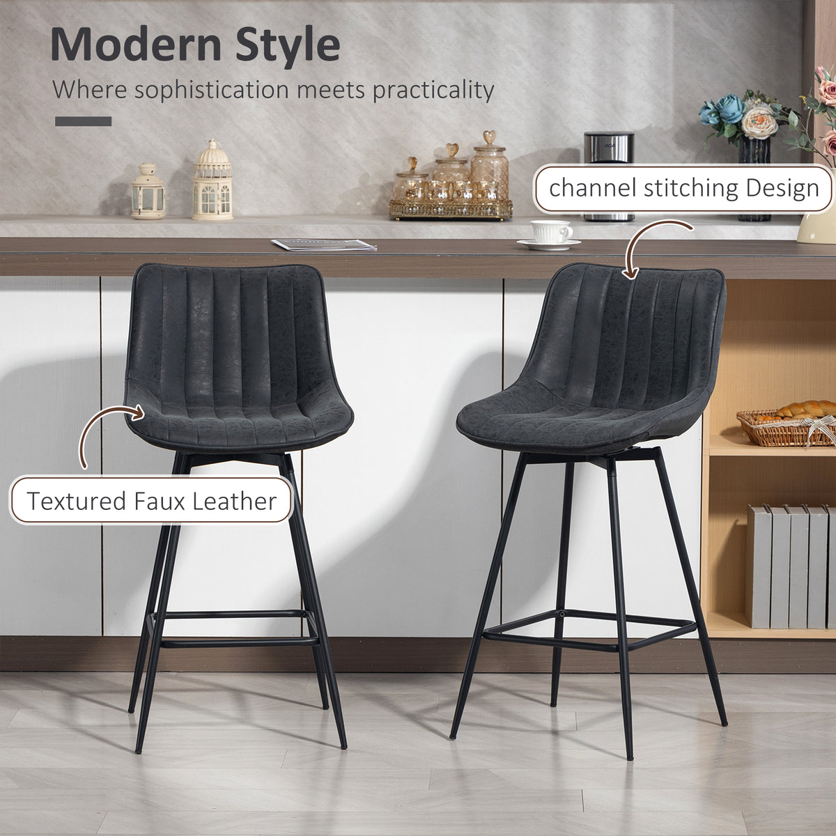 Ensemble 2 tabourets comptoir cuir PU — noir