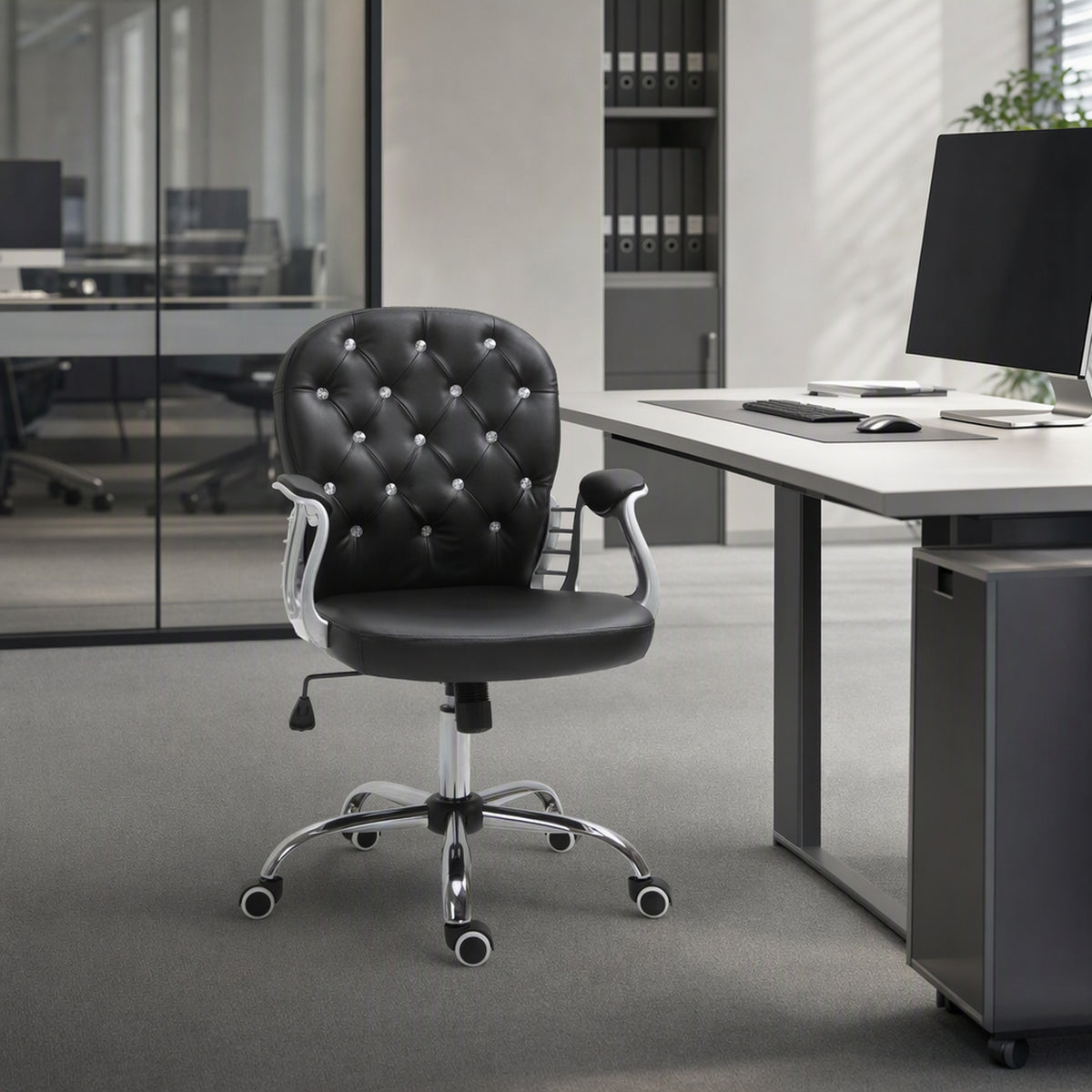 Chaise de bureau capitonnée cuir synthétique cristaux décoratifs