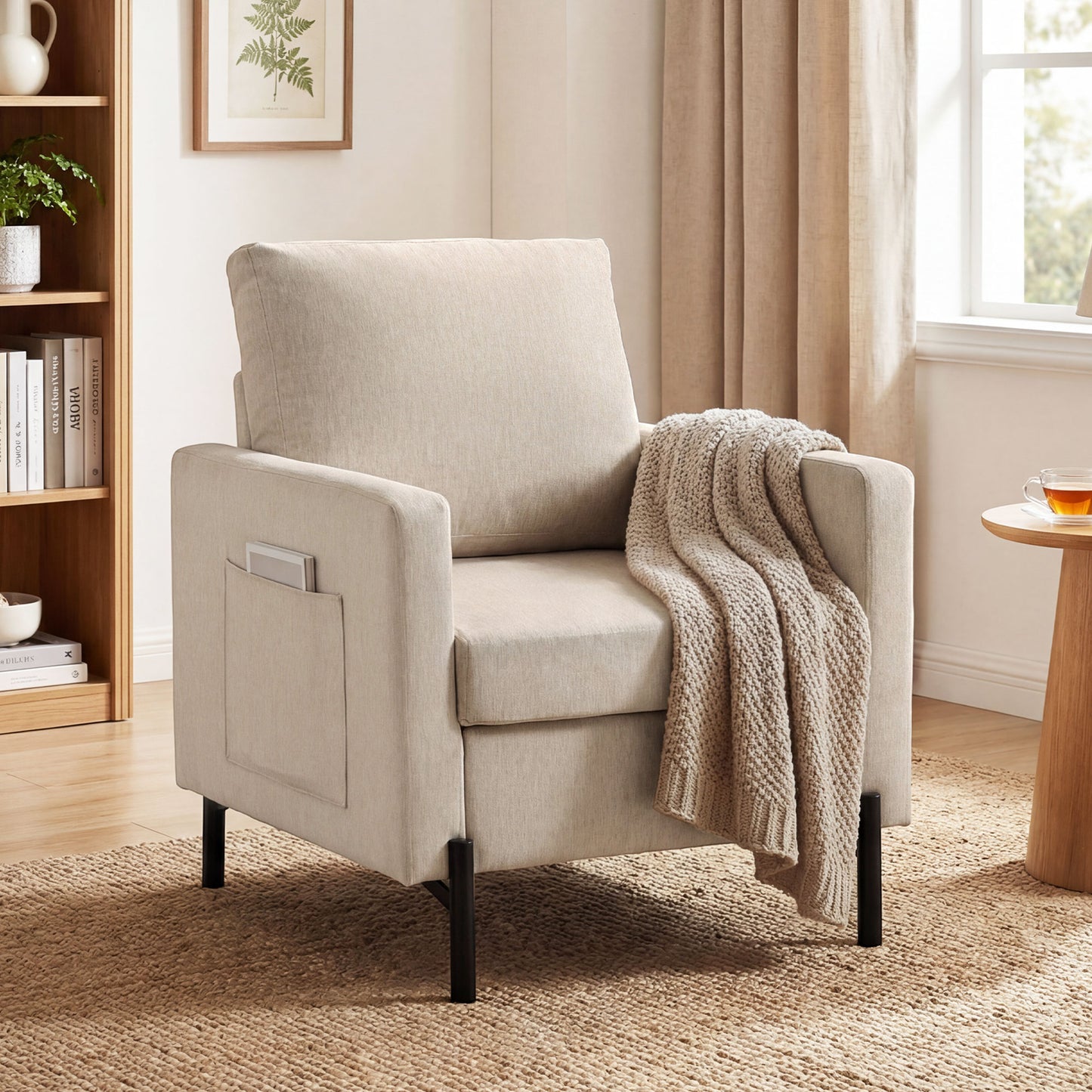 Fauteuil d'appoint rembourré avec poches latérales