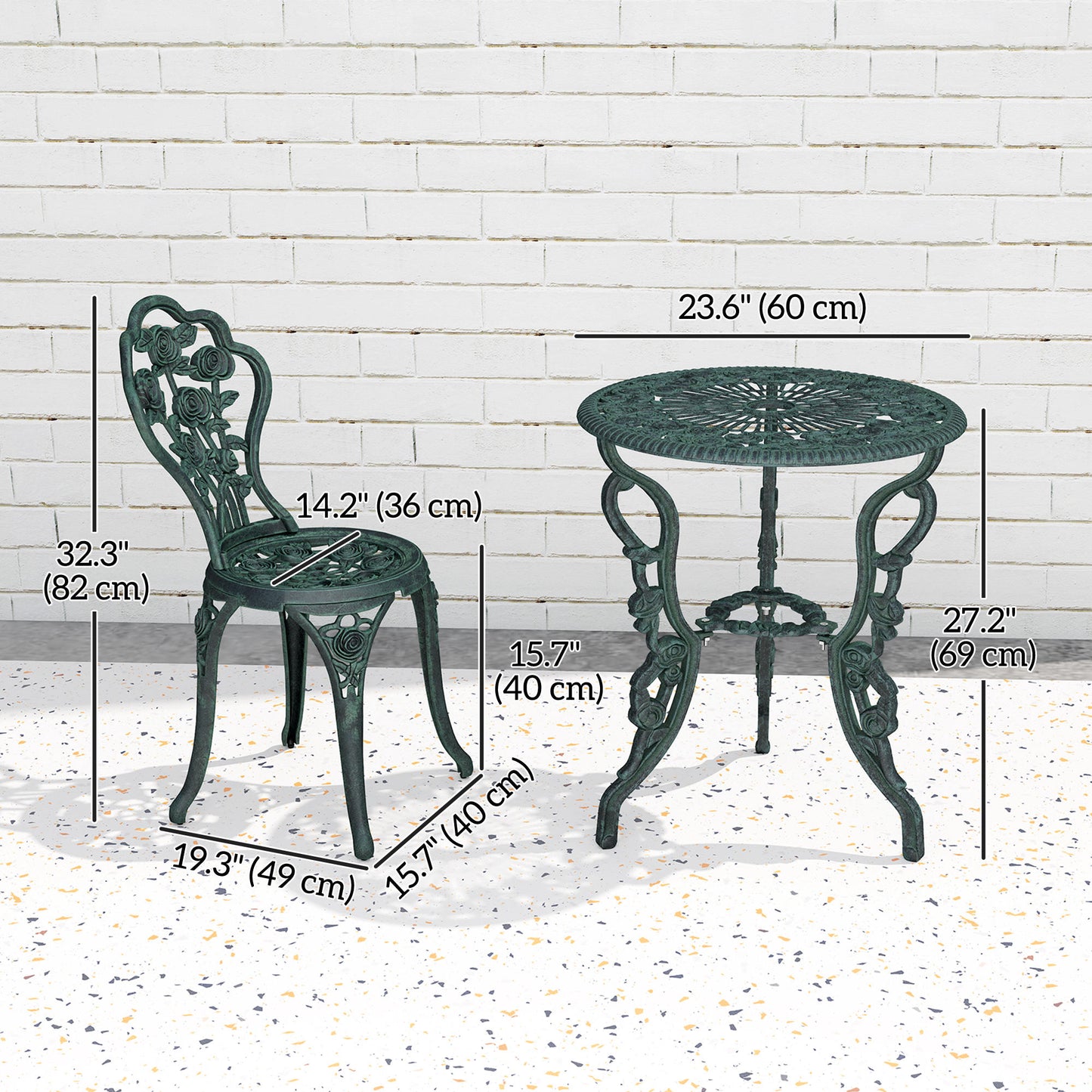 Ensemble bistro 3 pièces motifs floraux — vert antique