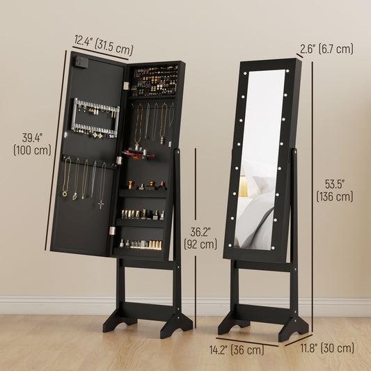 Armoire à bijoux sur pied avec miroir et lumières LED