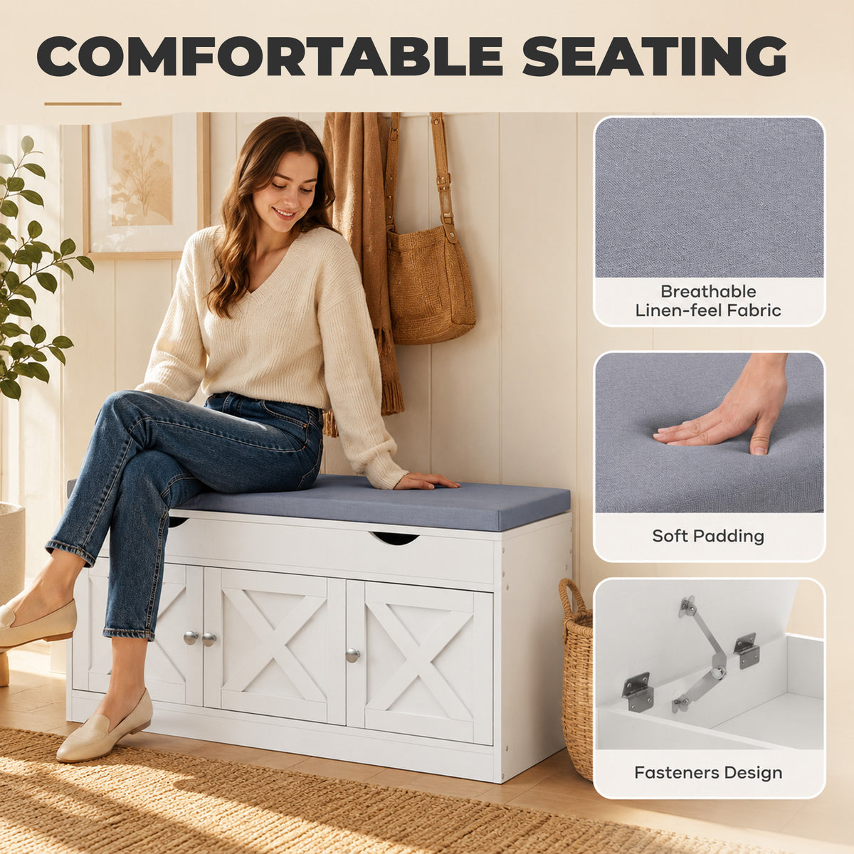 Banc à chaussures avec coussin et rangement à trois portes