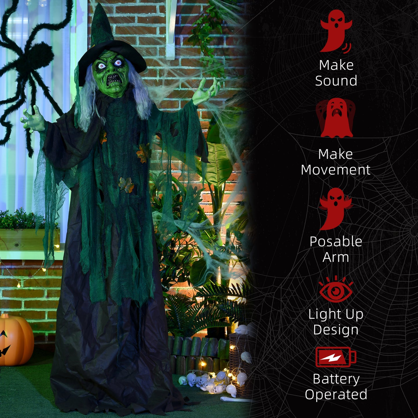 Sorcière Halloween animée 180 cm capteur mouvement son