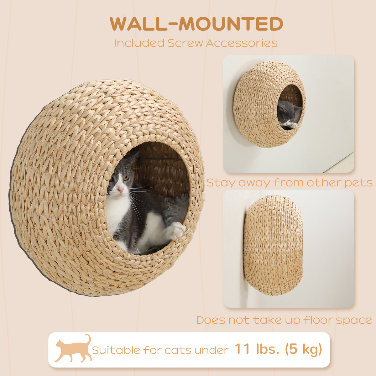Étagère murale pour chat en massette avec coussin