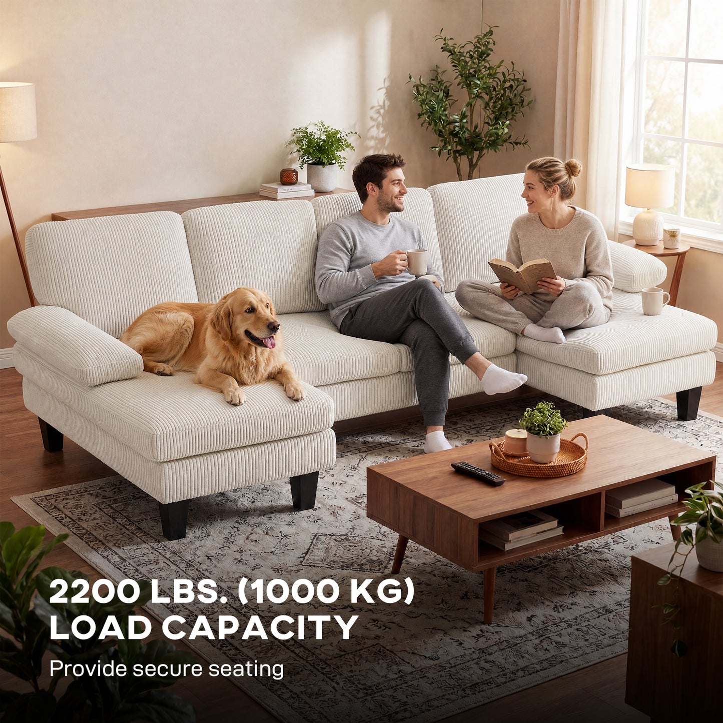 Sofa sectionnel en U avec double chaise en velours côtelé