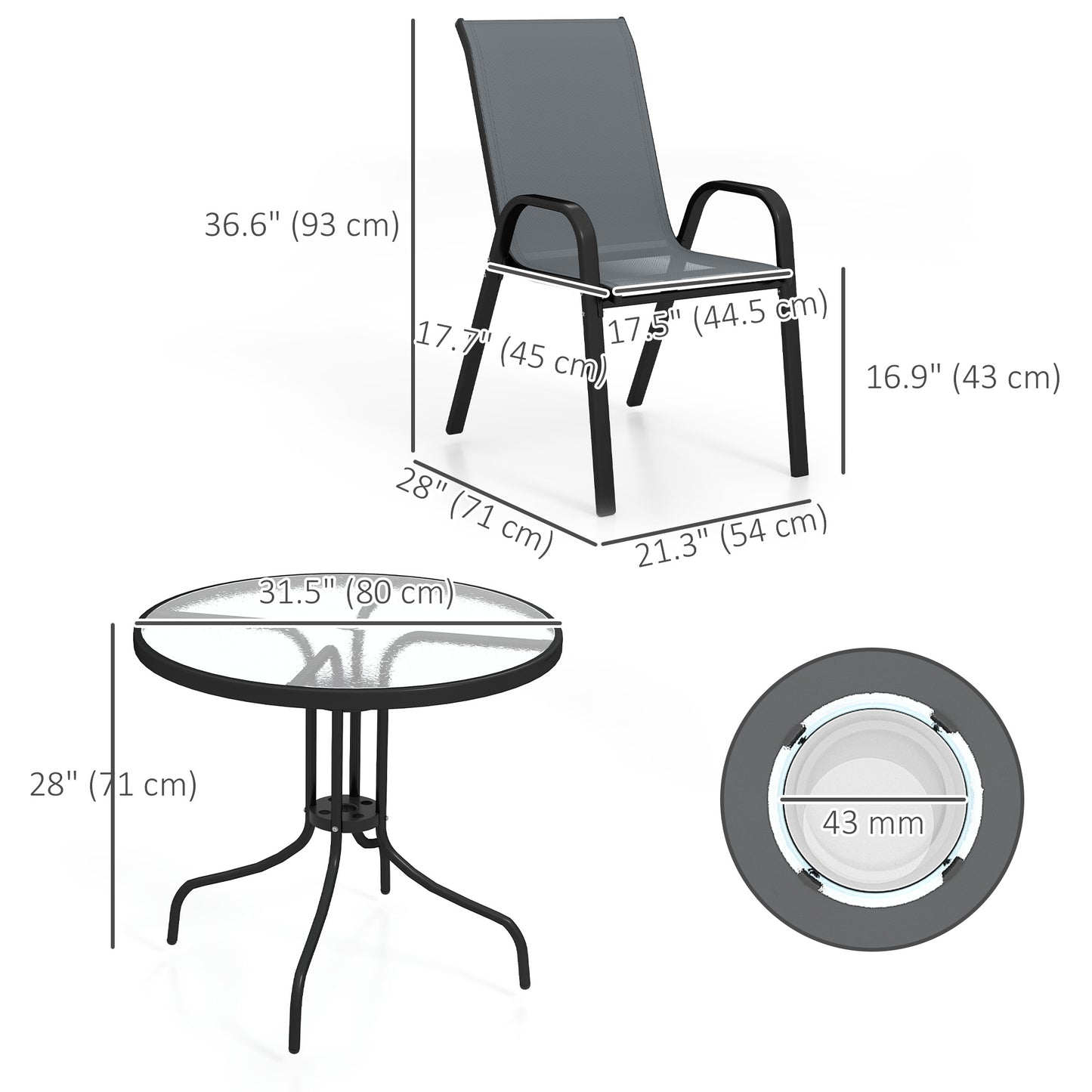 Ensemble de patio cinq pièces table ronde et chaises empilables
