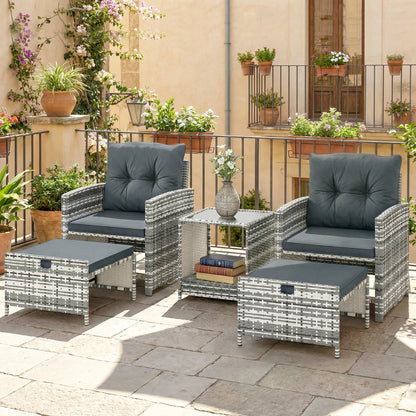 Outsunny 5-Piece Rattan Patio Set - Chairs + Ottomans + Glass Table