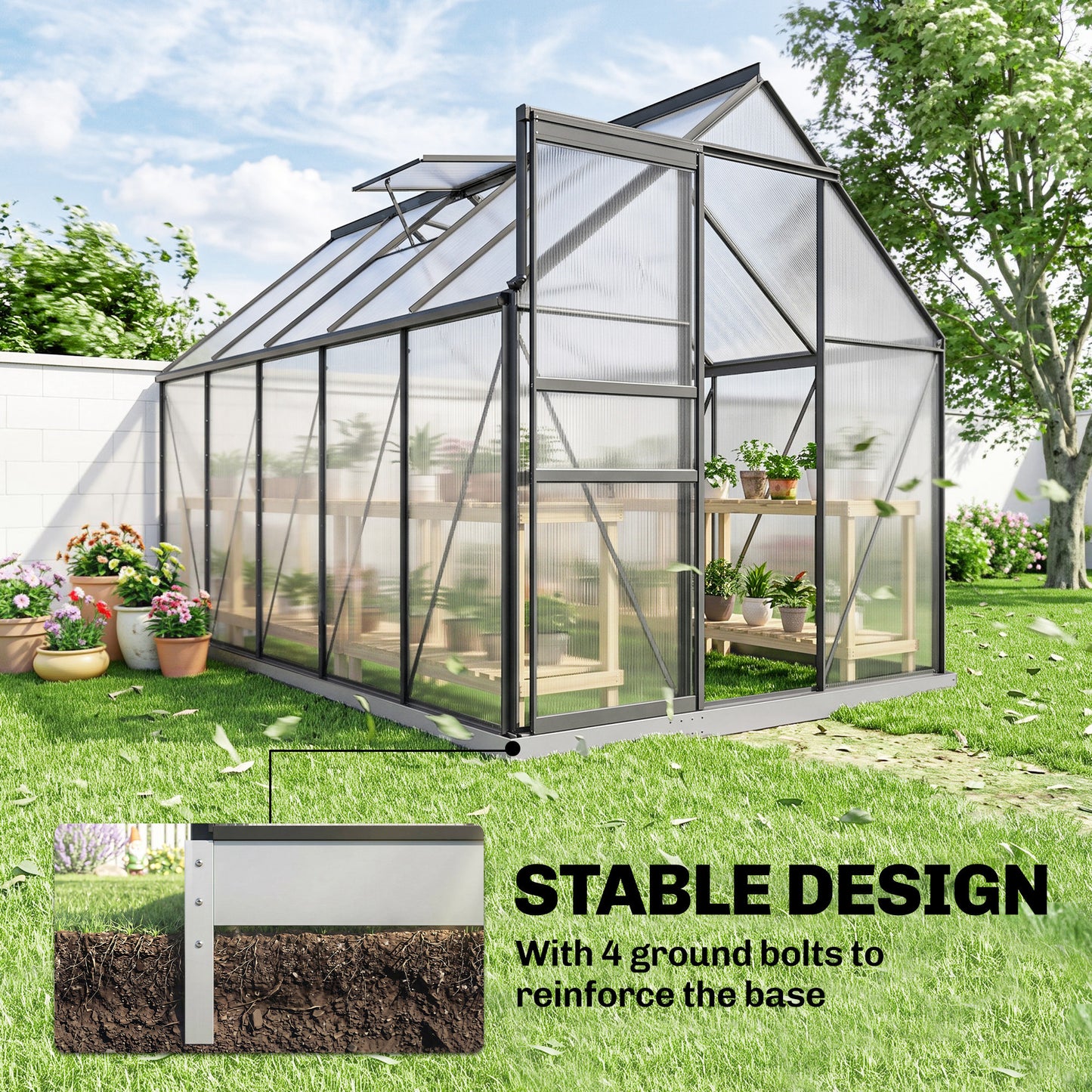 190x375x199cm Charcoal Grey Polycarbonate Greenhouse with Ventilation